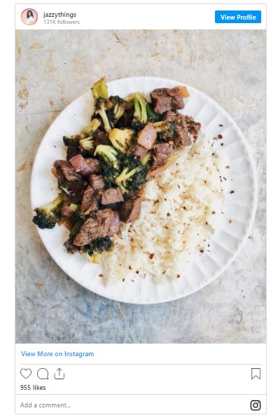 Instagram Screenshot of Broccoli & Beef w Collagen Protein Sauce