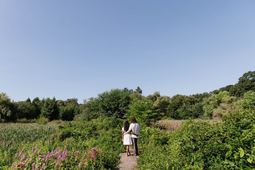 Engaged couple standing with arms around each other facing backwards at end of path looking into landscape and blue sky.