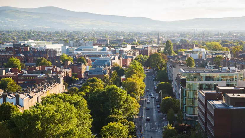 Air view of Dublin with green trees and street in the city.