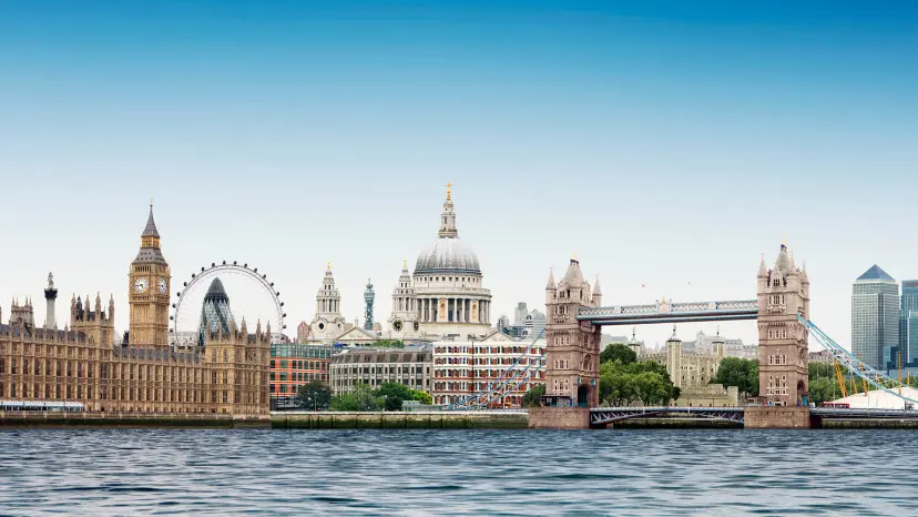 City scape of London with city's landmark buildings as Big Ben and Westminster tower bridge.