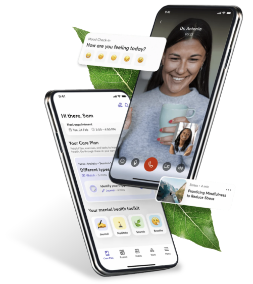 A smartphone showing the TELUS Health one app on the screen and another smartphone showing a person on a video call with a therapist. 