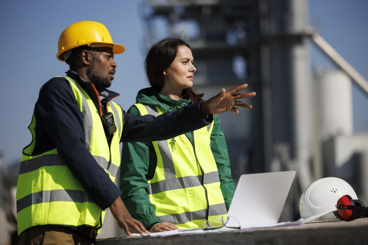 Two construction workers looking off to the distance in conversation.