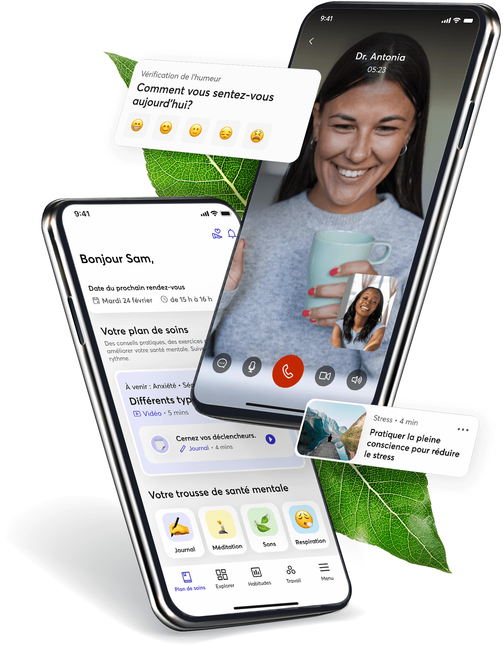Un smartphone montrant une application TELUS Santé Intégrale à l’écran et un autre téléphone montrant une personne lors d’un appel vidéo avec un(e) thérapeute. 