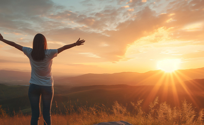 woman stretching arms viewing the sunset