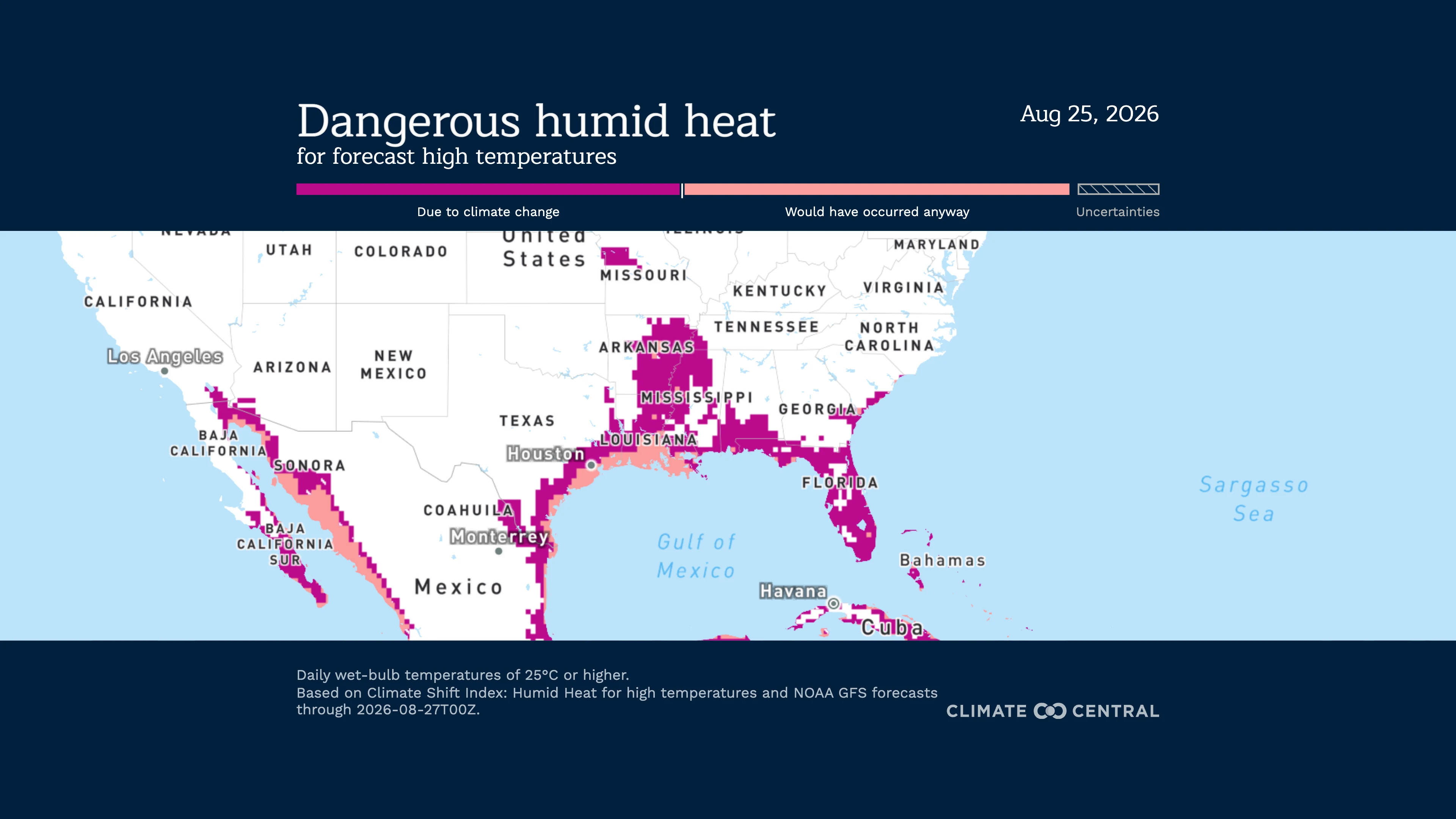 Map of Dangerous Humid Heat in US south on Aug 25, 2026