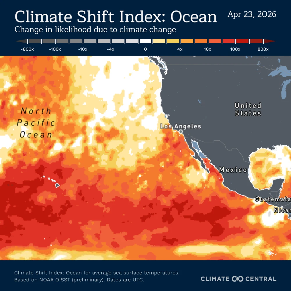 April 23 Ocean CSI Map: Climate Change Strongly Increases Likelihood of Warm Sea Surface Temperatures Across the Eastern Pacific