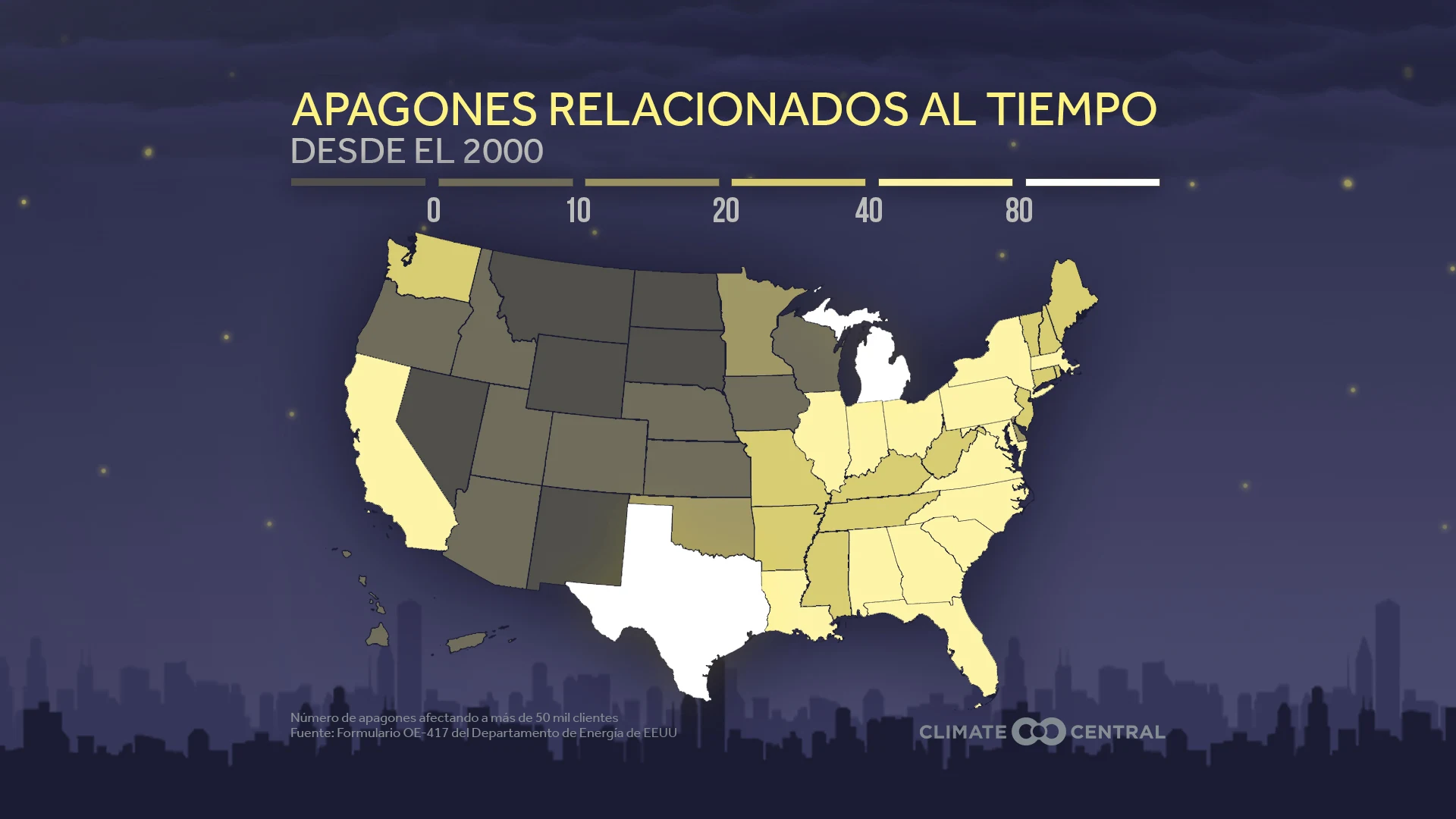 Mapa del total de interrupciones estatales relacionadas con el tiempo - Power OFF: Extreme Weather and Power Outages
