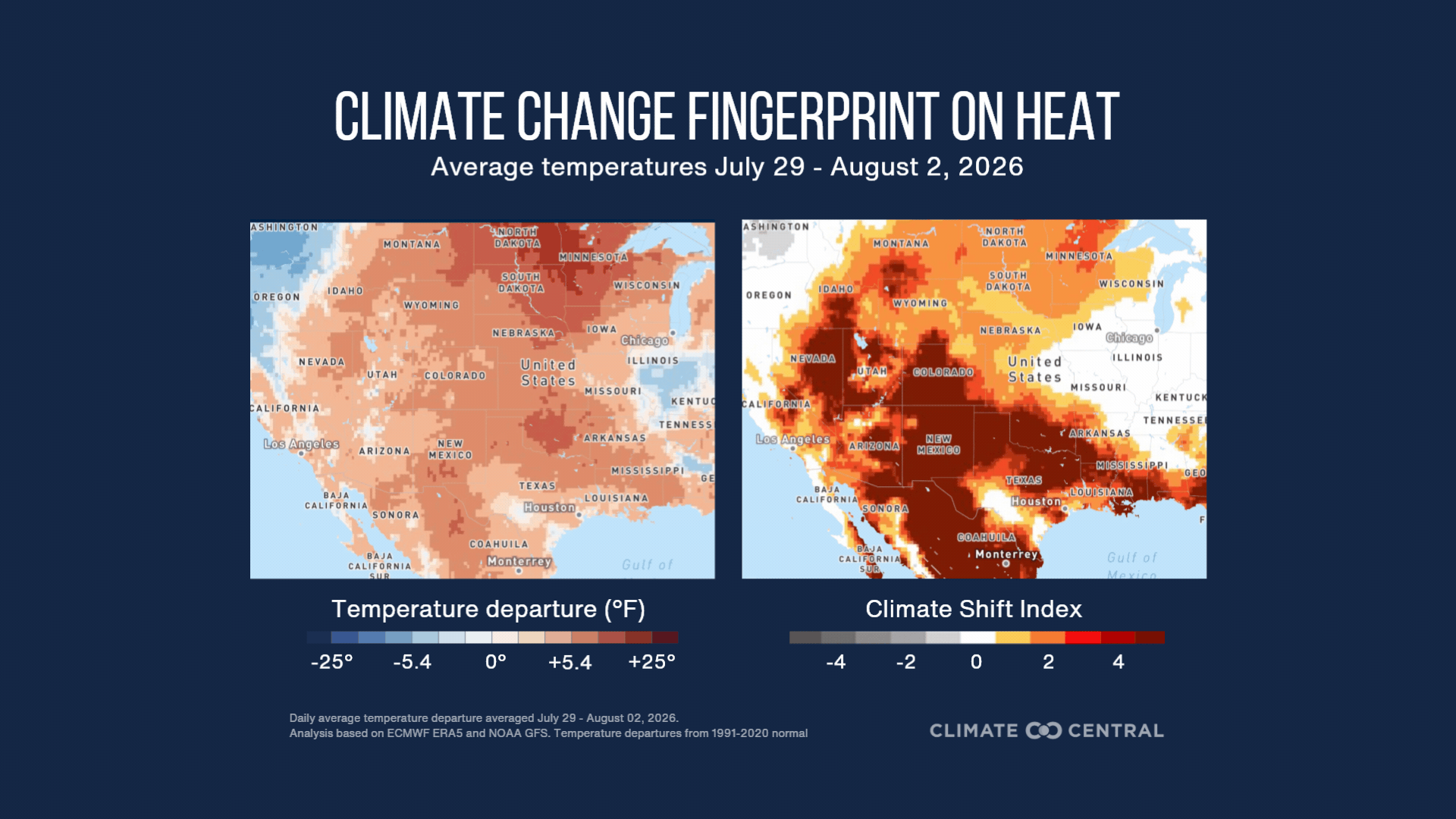 Climate change fingerprint on U.S. heat, July 29–Aug. 2, 2026