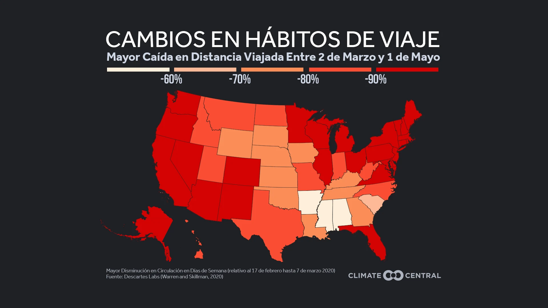 Mapa nacional: Cambio máximo en los patrones de viaje - Travel and Air Pollution During COVID-19