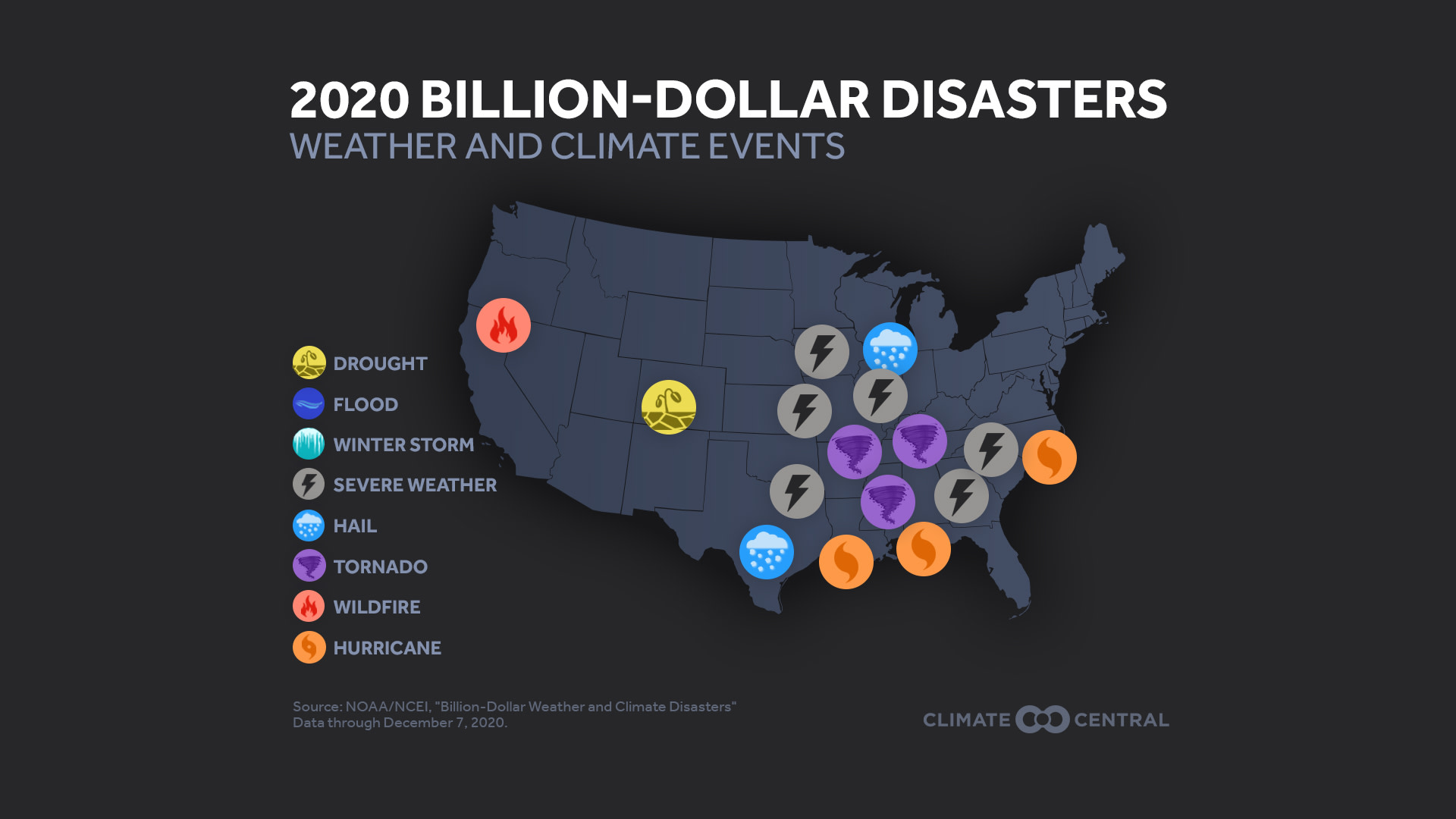 National Map of 2020 Billion Dollar Disasters - 2020 Billion-Dollar Disasters