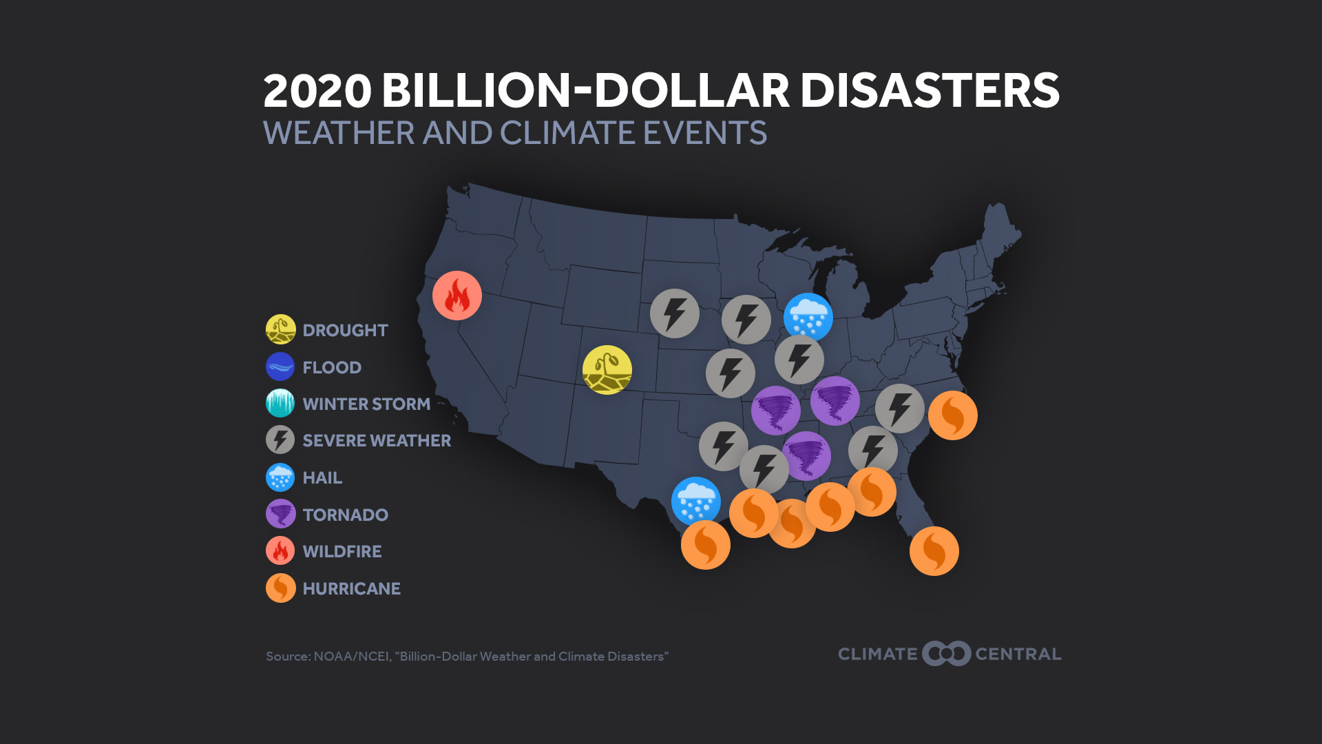 2020 Billion Dollar Disasters Map - 2020 US Temps & Billion-Dollar Disasters