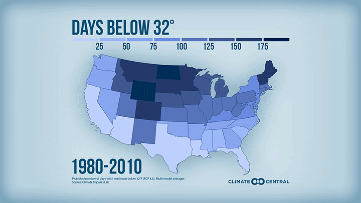 Projected Days Below 32°F (GIF ONLY) - 2021 Fewer Cold Nights & Groundhog Day