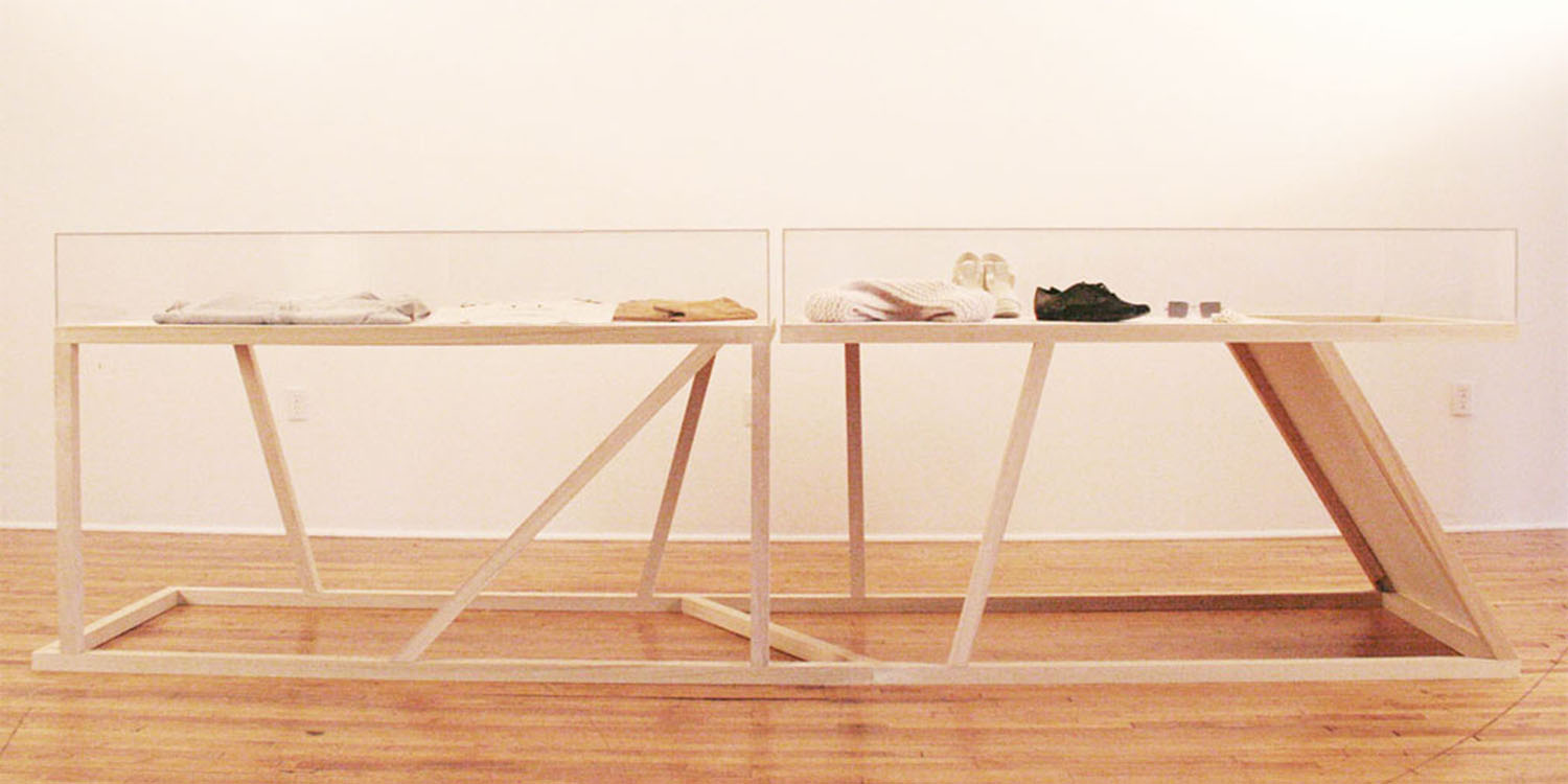 Vitrine of plexiglass, wood, & muslin for Slow and Steady Wins the Race, designed by Bureau V, located in New York, NY
