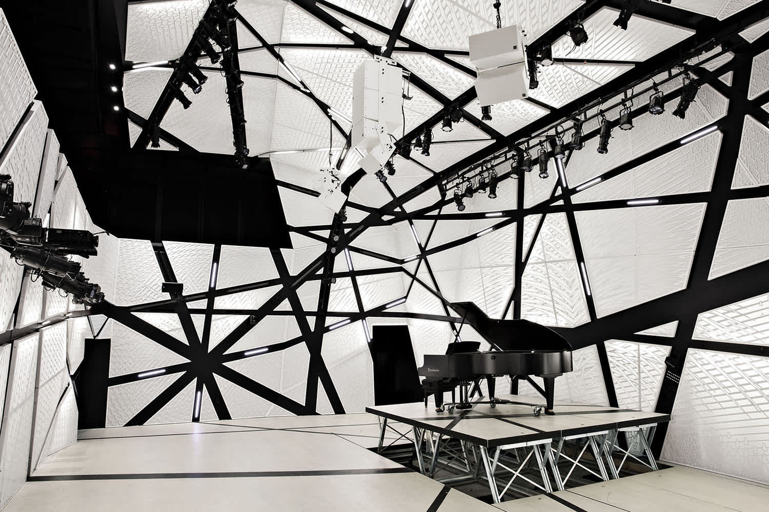 The chamber music hall interior of the performance space National Sawdust, designed by Bureau V, located in Brooklyn, NY