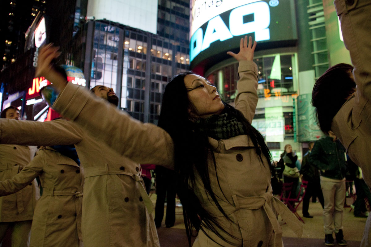 The Somewhere I read performance through Times Square at the Performa Biennale 2009, by Arto Lindsay, Bureau V Architecture, and Lily Baldwin.