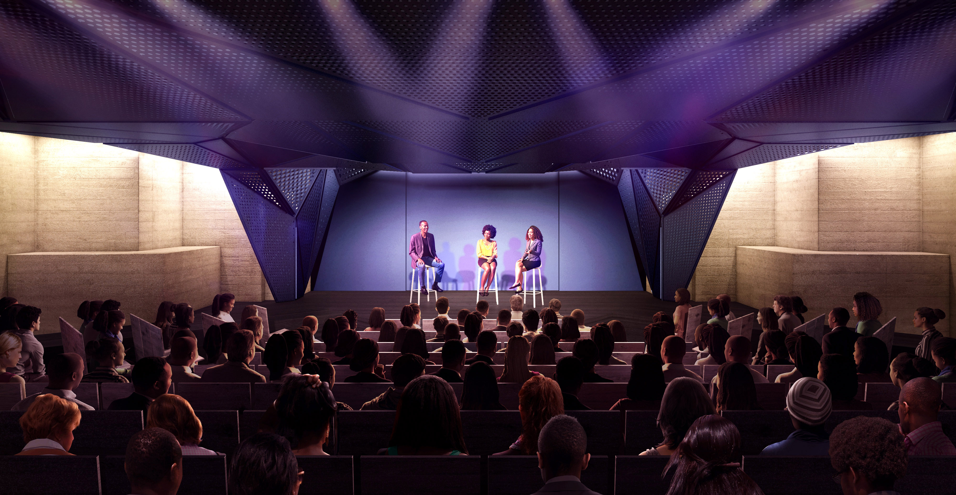 A rendering of the interior stage of the Brooklyn Public Library Dr. S. Stevan Dweck Cultural Center, designed by Bureau V Architecture.