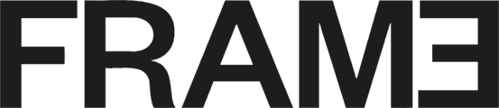 Frame magazine wordmark in black geometric sans-serif type with a reversed E as the final letter
