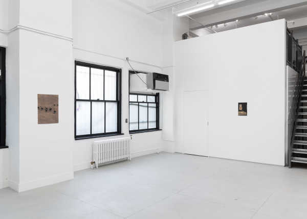 The rear gallery of Chapter NY gallery, designed by Bureau V Architecture, located in Tribeca, Manhattan at 60 Walker Street, featuring the work of artist Christopher Culver.