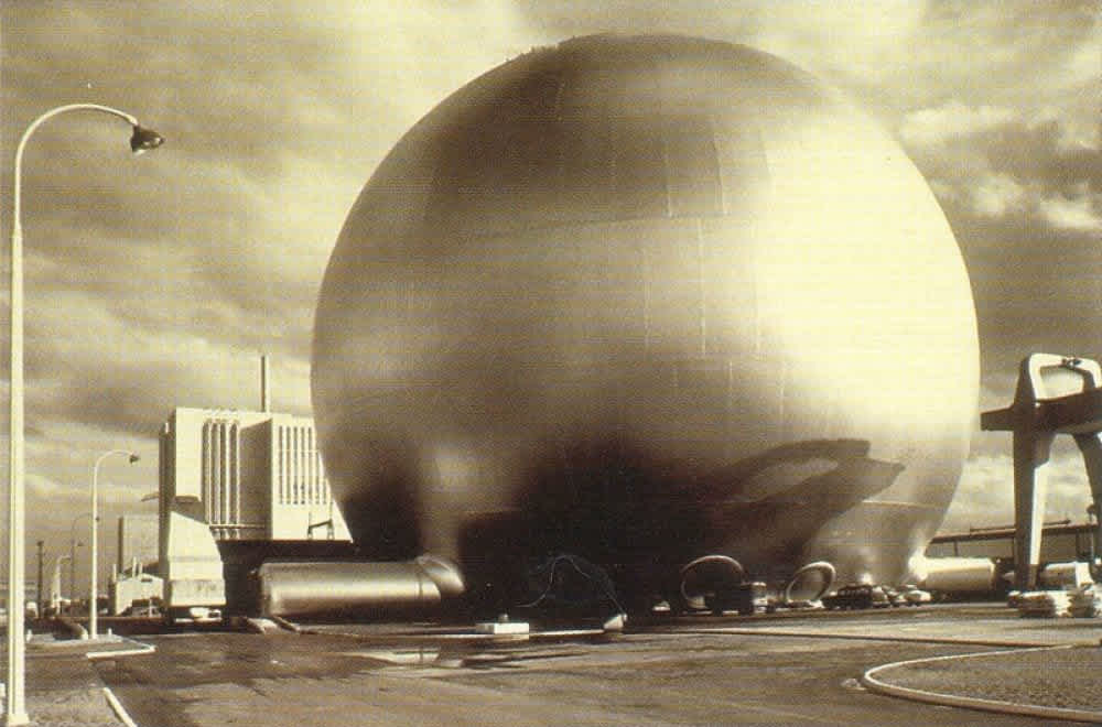 The spherical exterior of the Chinon Nuclear Power Plant EDF1, Chinon, France, 1963