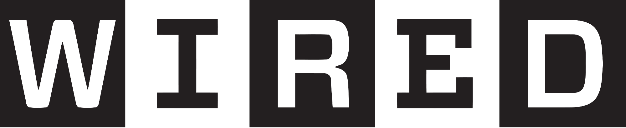 Wired magazine logo in bold white sans-serif letters on alternating black square tiles