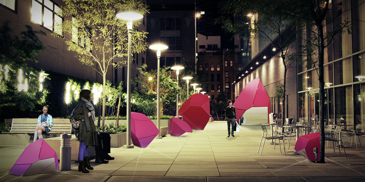Night view of angular modules of the Installation Hudson Square, designed by Bureau V
