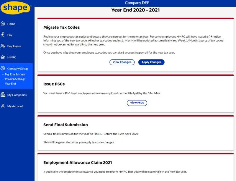 The Year End Screen in Shape Payroll.
