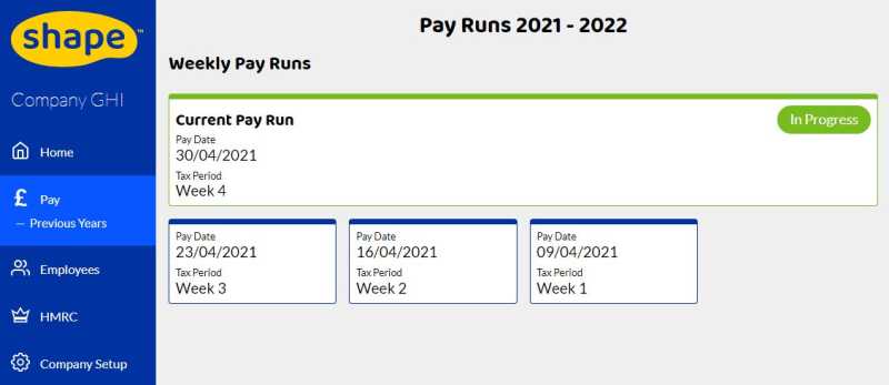 Shows the pay side tab selected and the current and past pay runs.