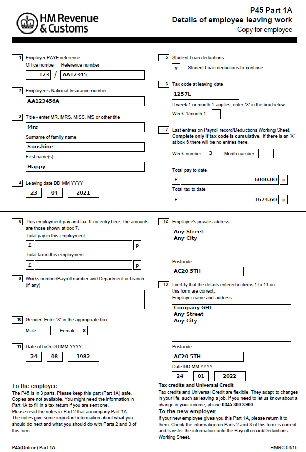 What Is Shown On A P45 Shape Payroll   P45 Sample 