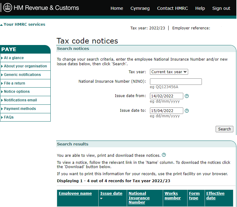 Tax code notice within PAYE online government gateway account
