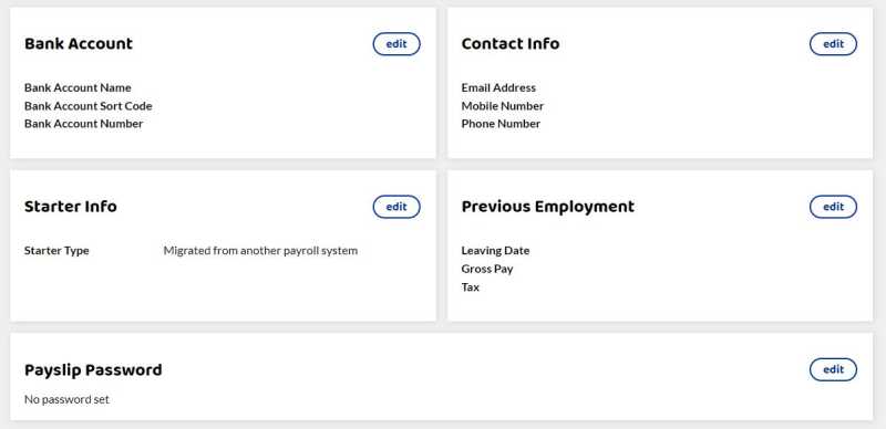 Shows employee details page with new starter, previous employment, bank account, contact info and payslip password.