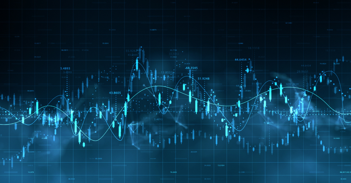 Blue financial candlestick chart with curved trend lines and numerical data points.