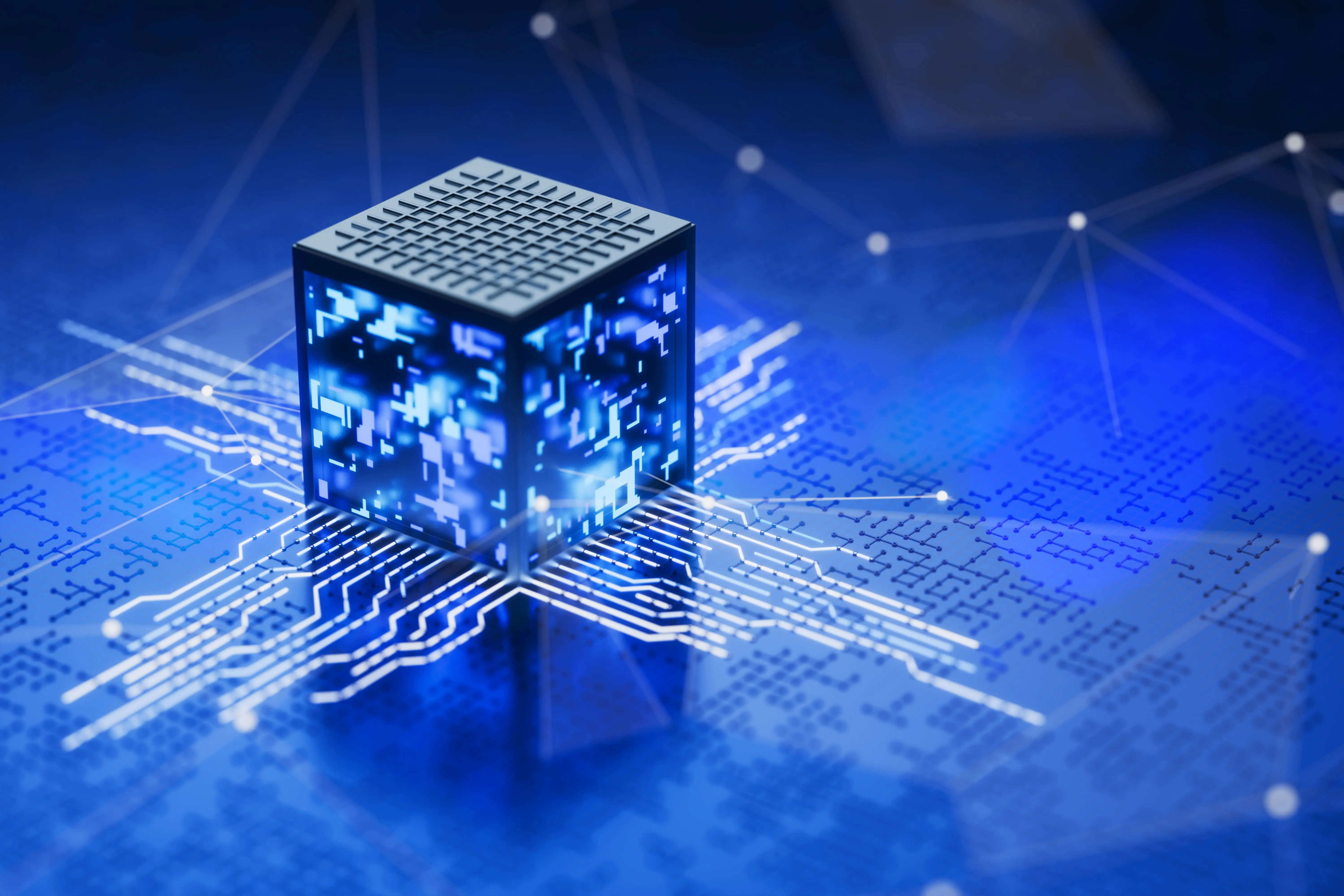 Illuminated blue cube on circuit board representing digital technology and connectivity.