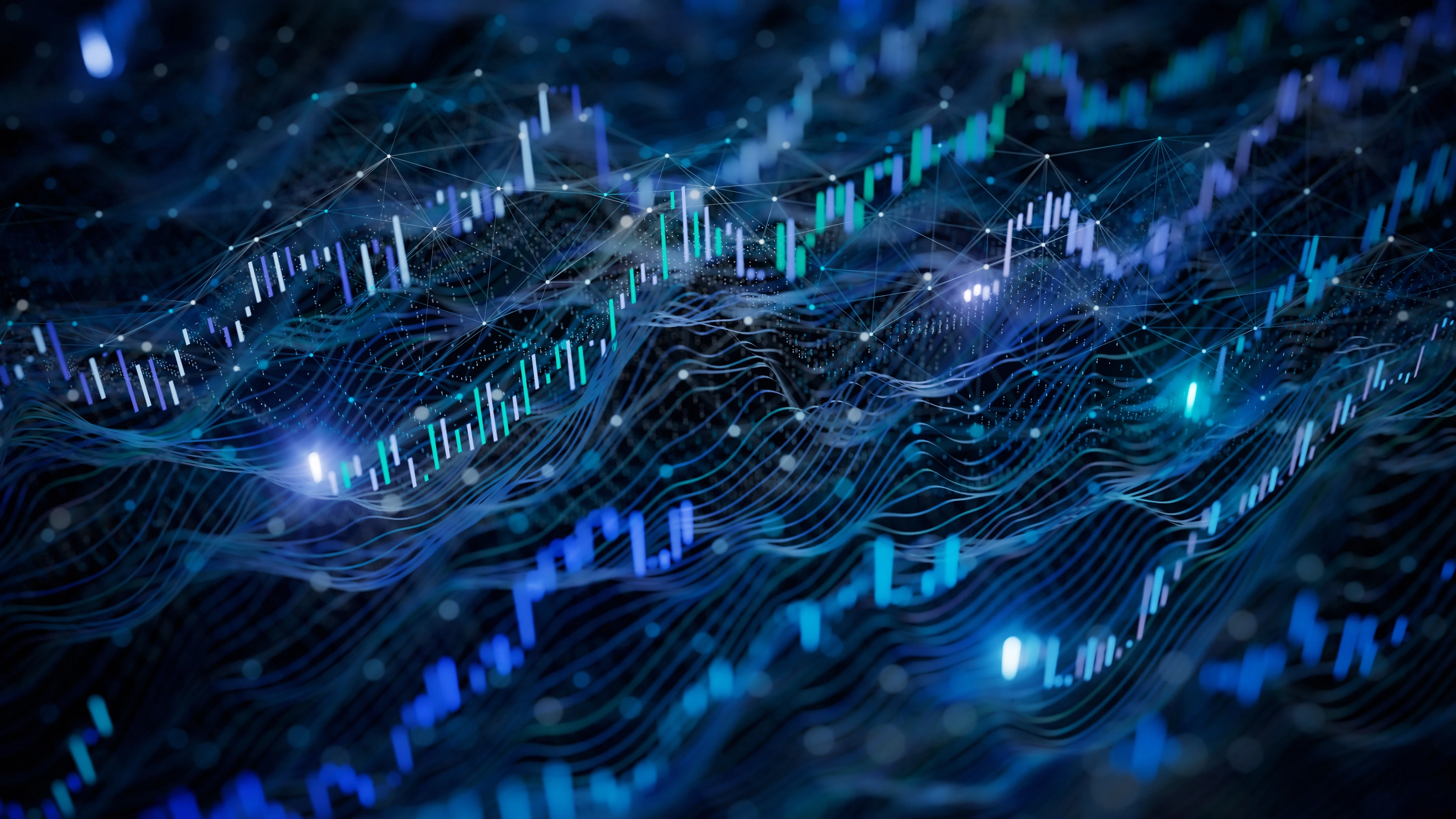 Abstract digital landscape with blue and green data visualisation and network connections.