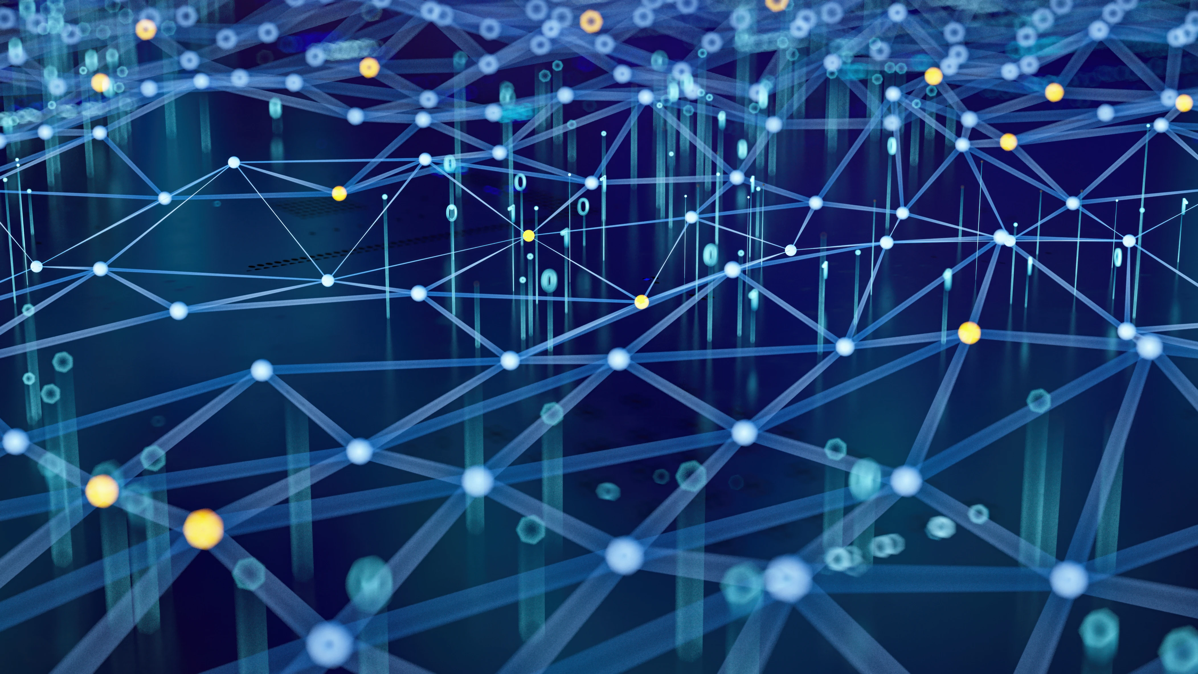 Digital network visualisation with interconnected nodes and binary code on blue background.