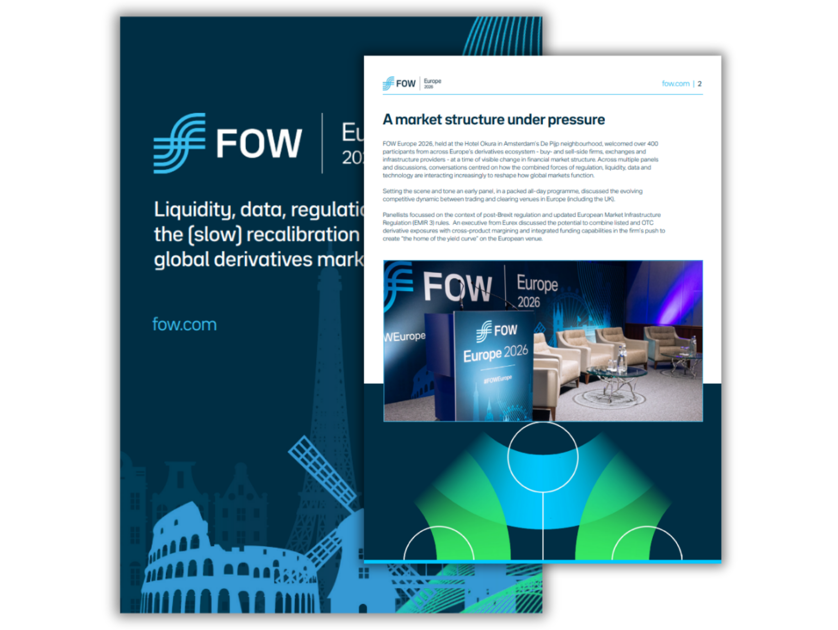 This is an image, a mockup that shows the front and content page of the FOW Europe 2026 Report