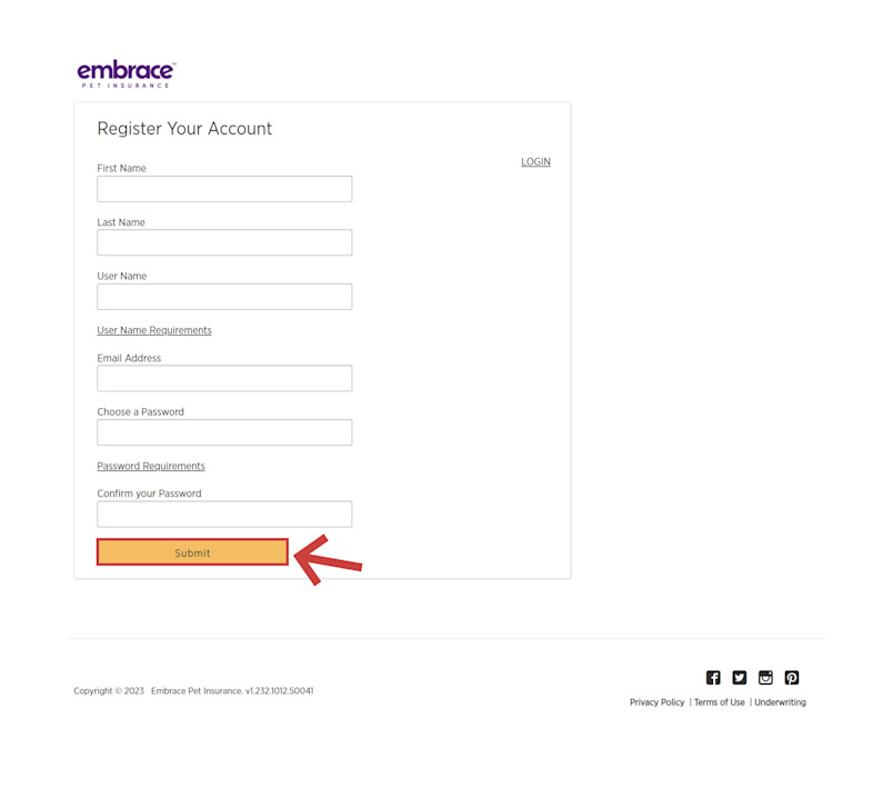 Register your account by completing the information requested, which consists of your First Name, Last Name, User Name, Email Address, Your New Password and Confirm your chosen password. 