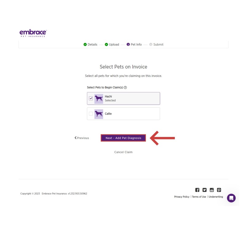 Select the insured pets who are on the invoice you are claiming for. Select Next - Add Pet Diagnosis, in this case it is our pet Hachi, so we select Hachi to submit our claim. 