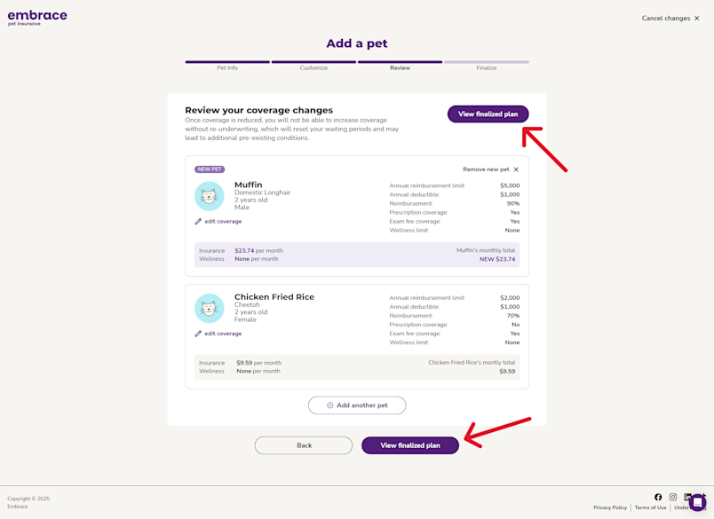 A screenshot from the Embrace portal showing the view finalized plan button