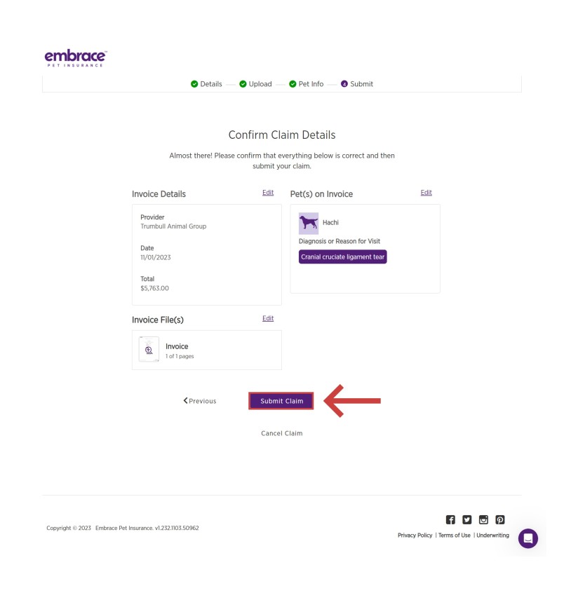 Review information on this page, which is the Confirm Claim Details. If everything is correct, then select Submit Claim.