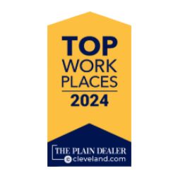 Top Work Places 2024 award badge in yellow and navy blue from The Plain Dealer Cleveland.com, highlighting Embrace Pet Insurance's recognition as a premier employer in the Cleveland area, adding to their credibility. 