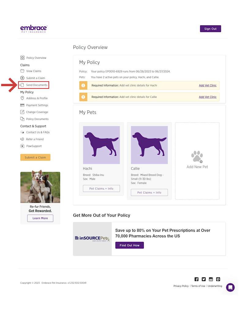Step 1 in submitting documents via MyEmbrace is to log in to your MyEmbrace customer account and select Send Documents from the Quick Links menu.