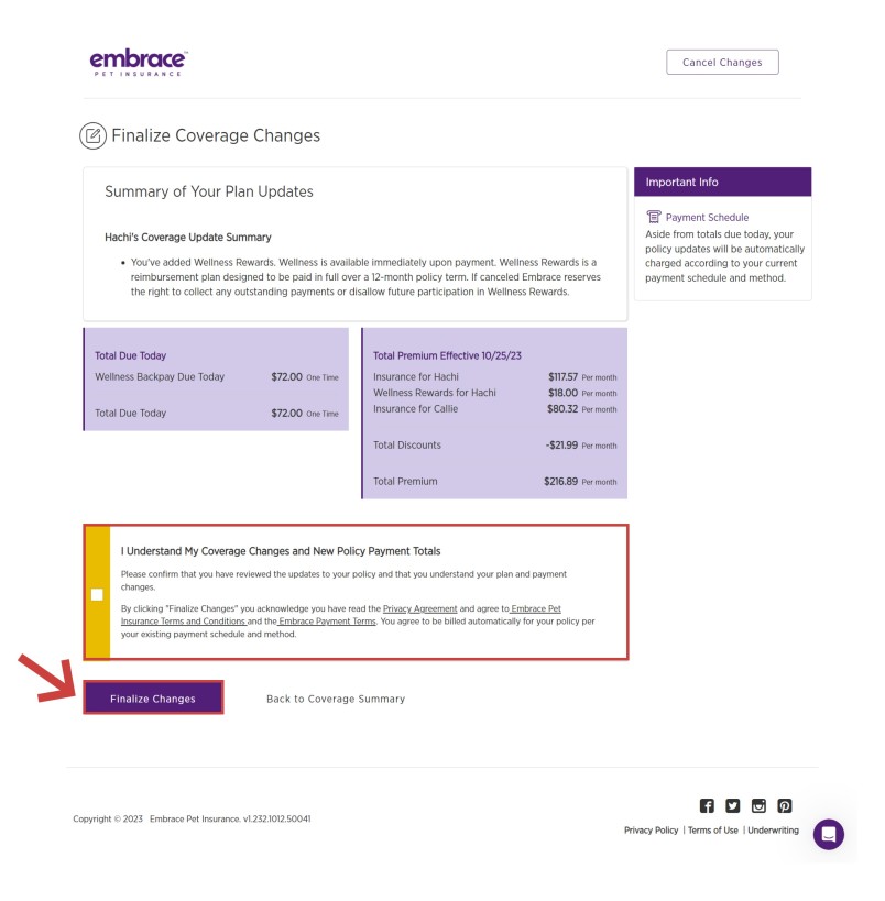 After you have reviewed the changes. including totals or credits due, check the box to agree that you have read all the required documentatation and that you agree to the terms and conditions. Finally, select finalize changes.