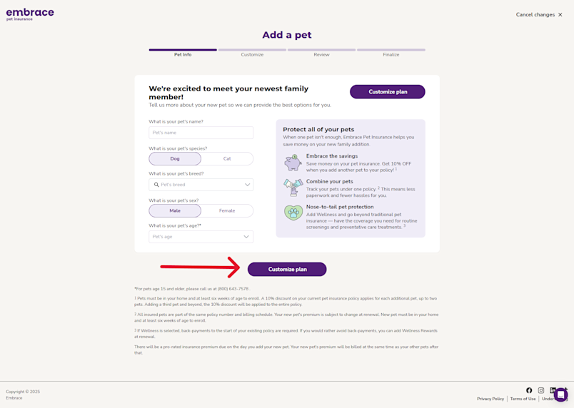 This is a screenshot from the Embrace portal showing the customize plan button.