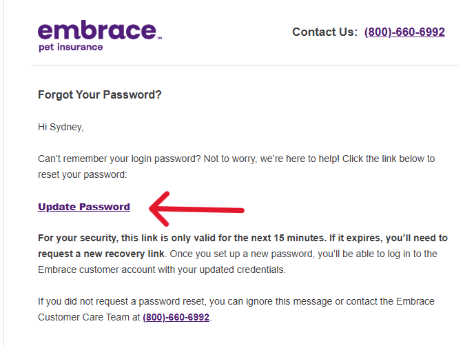 This is a screenshot from the password reset email for Embrace.