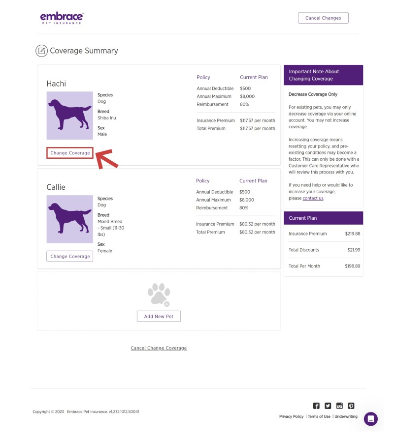 Two pets are shown in the image below. Select the pet to change coverage for the one you'd like to update. 