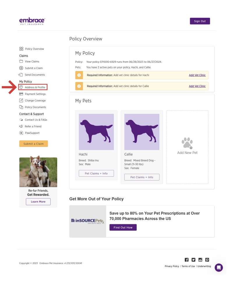 Step 1 in Updating your address via MyEmbrace is shown in the image below. The Address & Profile is on the left side from the Quick Links menu.