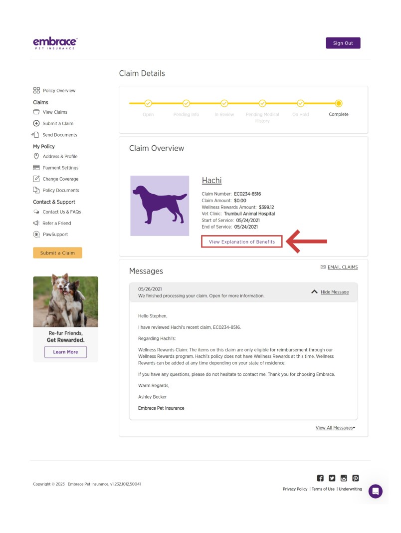 Select 'View Explanation of Benefits' in the Claim Overview section of the Claim details page.