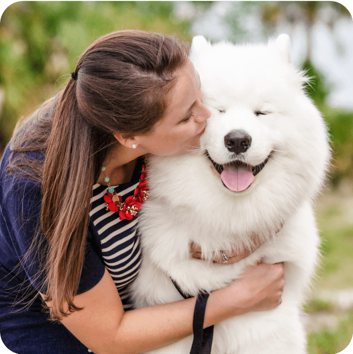 A joyful woman wearing a blue-striped top is happily cuddling and giving kisses to her white Samoyed dog as they take a stroll outdoors. This image emphasizes the joy and bond of pet ownership, highlighting the importance of dog insurance coverage for their protection and care.