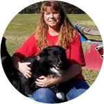 An English Shepherd, diagnosed with Addison's Disease, is seen leaning on its human, who is wearing a red shirt, along with their other family dog at the park.