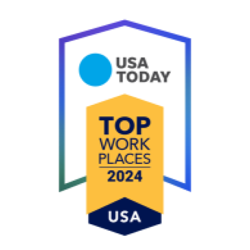 USA Today Top Work Places 2024 award badge with a shield design, featuring blue, yellow, and green colors, indicating Embrace Pet Insurance as a 3-time winner, highlighting their exceptional workplace culture.